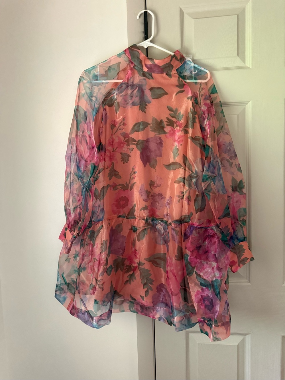 En Creme Peach Floral Sheer Tunic Dress with Pink and Purple Blooms